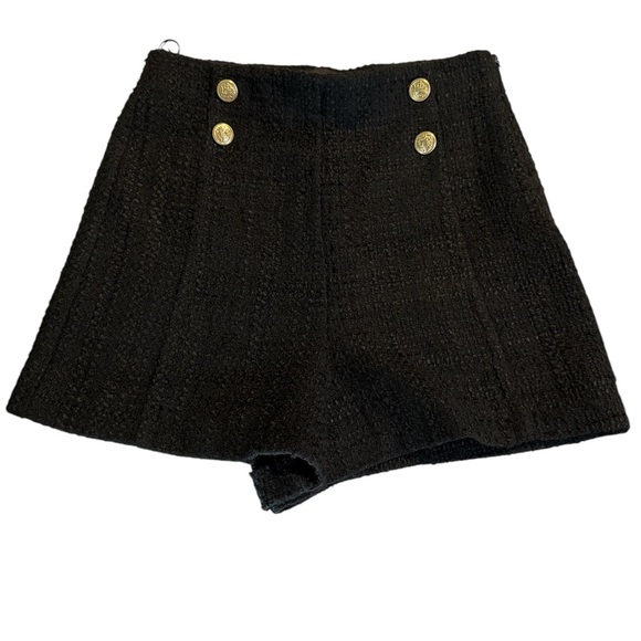 Zara Pants - ZARA Black Tweed High Waist Sailor Shorts Gold Military Buttons Size S